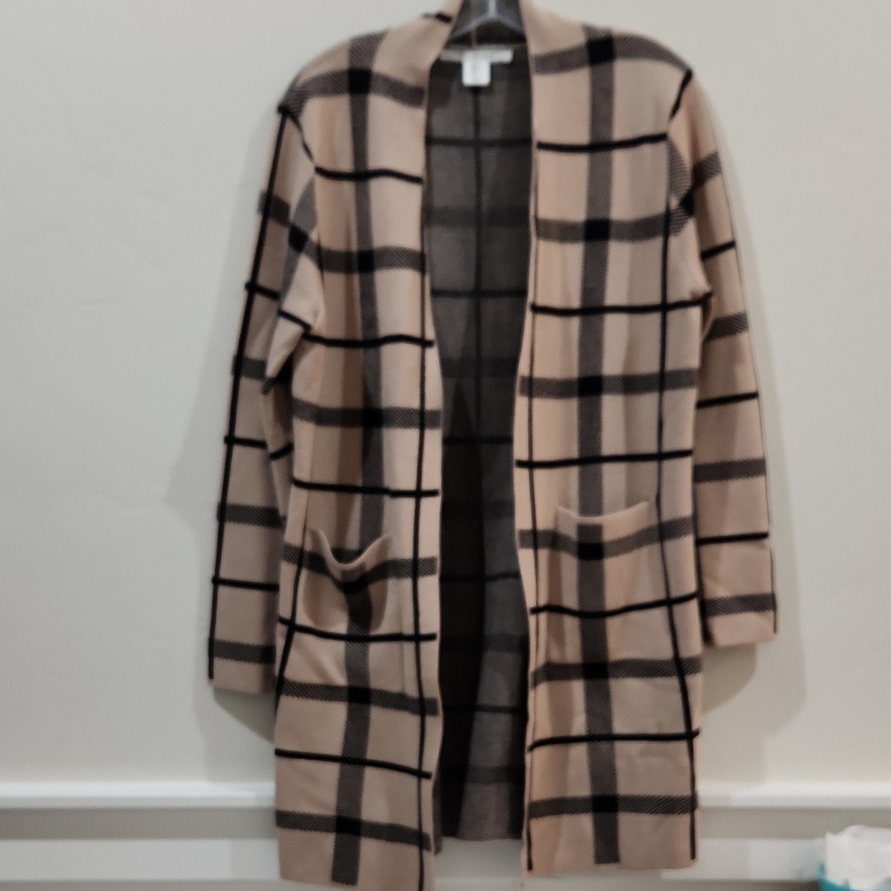Max Studio Checkered Open Front Cardigan - Beige and Black